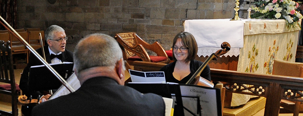 Professional musicians for hire, providing string quartet music for wedding ceremonies and corporate events